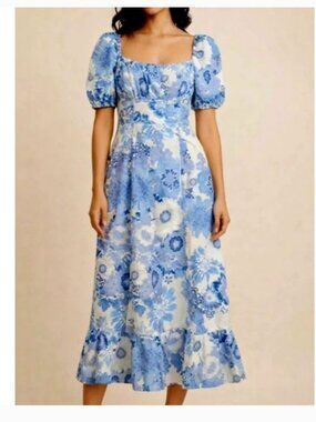 London Times Blue and White Floral Puff-Sleeve Midi Dress